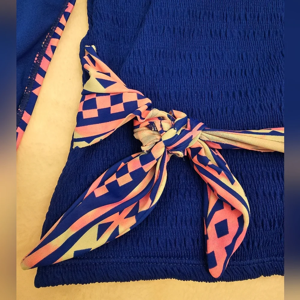 Justice Girls Blue Tankini Set with Pink & Aqua Tribal Print